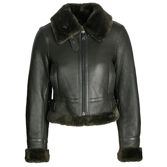 Women's Black Shearling Bomber Leather Jacket-0