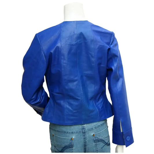 Women's Blue Collarless Leather Jacket for Winter