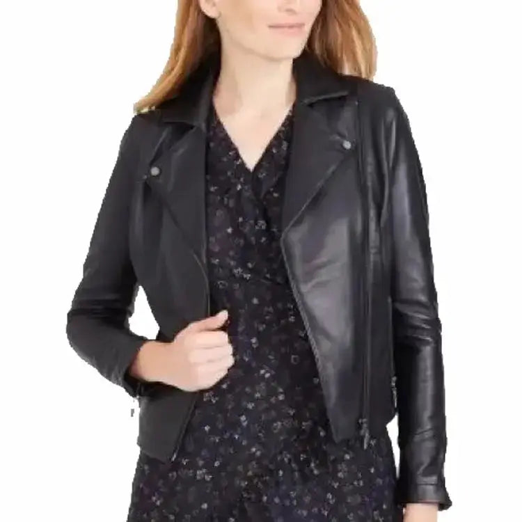 Women's Classic Black Sheepskin Leather Moto Jacket-0
