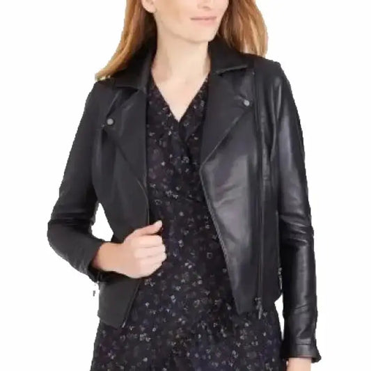 Women's Classic Black Sheepskin Leather Moto Jacket-0