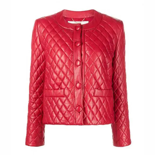 Women's Quilted Red Collarless Leather Jacket-0