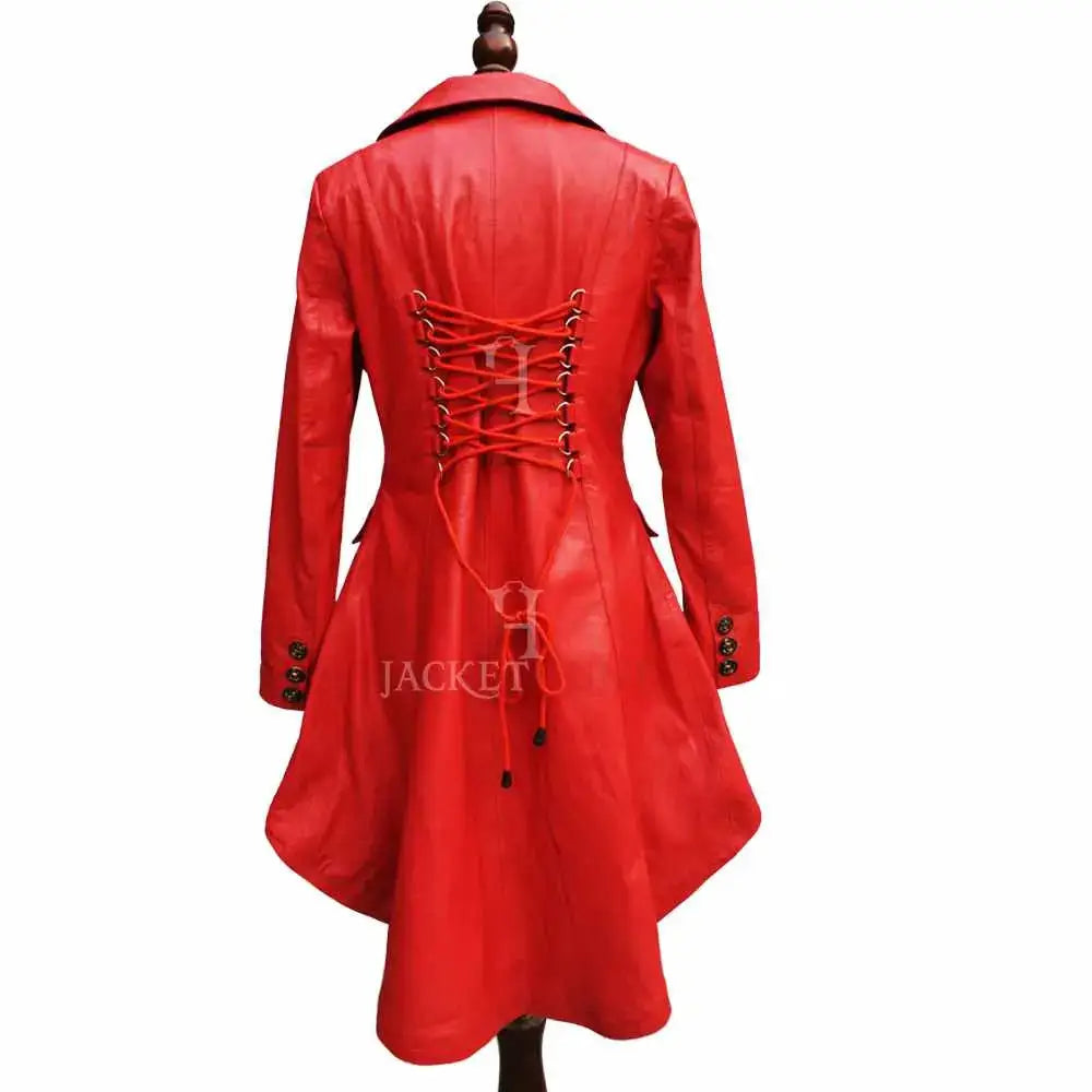 Women's Double-Breasted Red Leather Military Coat