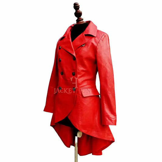 Women's Double-Breasted Red Leather Military Coat