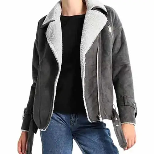 Women’s Grey Shearling Motorcycle Jacket