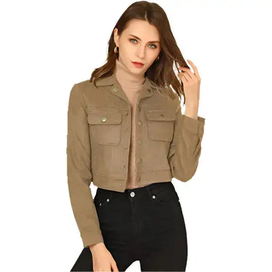Women’s Light Khaki Suede Leather Biker Crop Moto Jacket