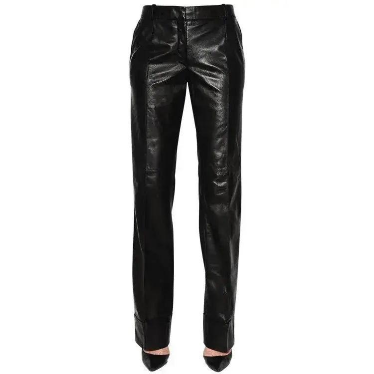Women's Long Straight Leg Black Lambskin Leather Pants-0