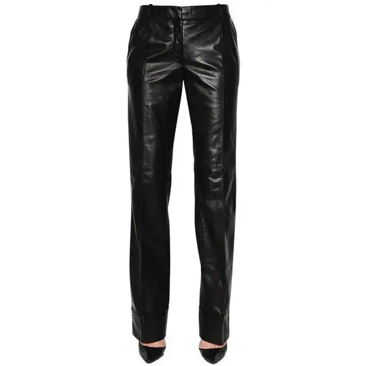 Women's Long Straight Leg Black Lambskin Leather Pants-0