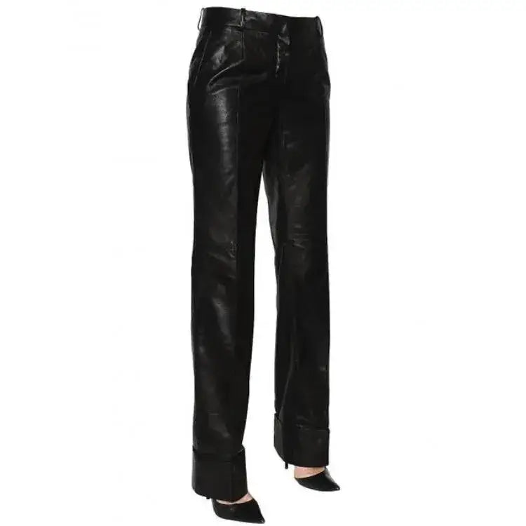 Women's Long Straight Leg Black Lambskin Leather Pants-1