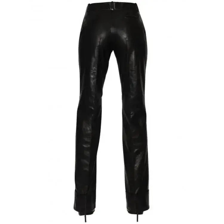Women's Long Straight Leg Black Lambskin Leather Pants-2
