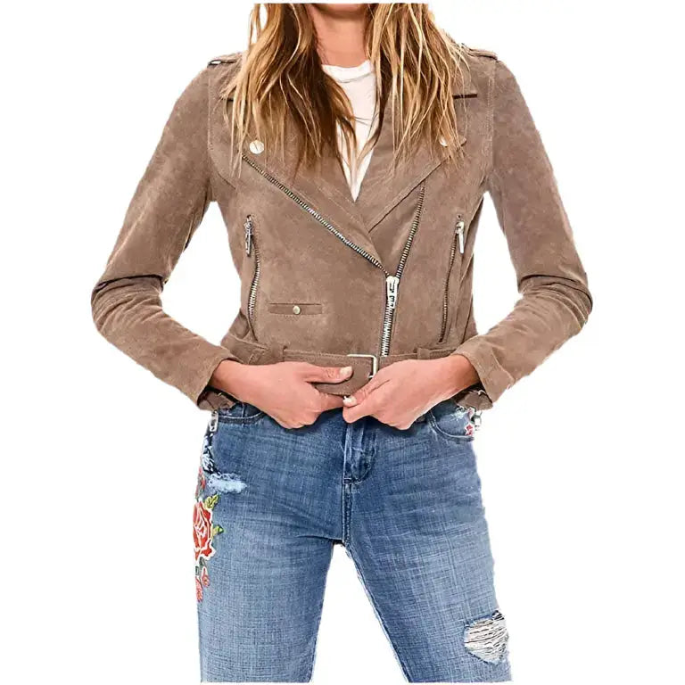 Cooper Allan Women’s Luxury Cropped Suede Leather Motorcycle Jacket