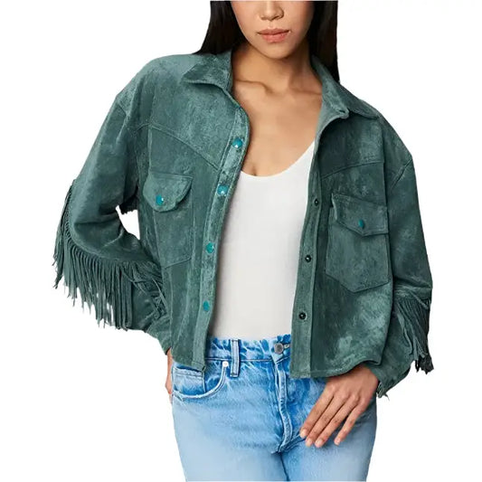 Women's Olive Suede Leather Fringe Shirt Jacket