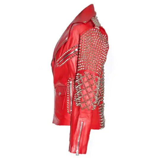 Women's Red Studded Leather Biker Jacket