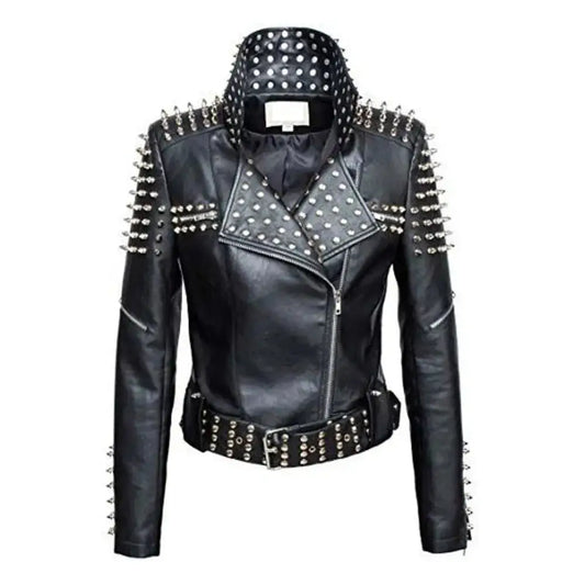 Women's Slim Fit Studded Brando Leather Jacket