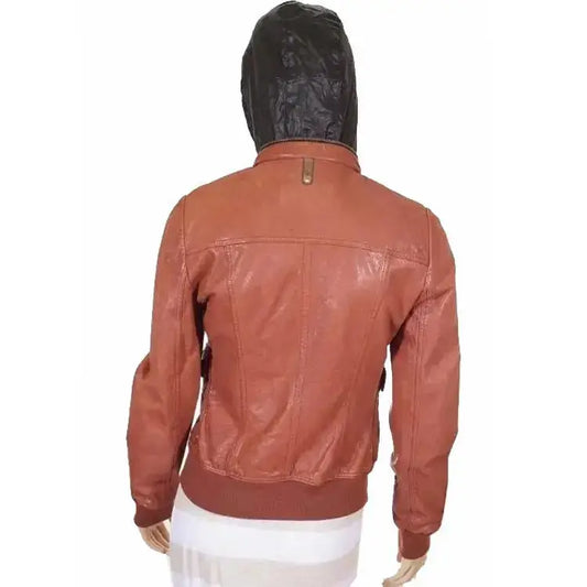 Women’s Tan Brown Leather Bomber Jacket with Hood