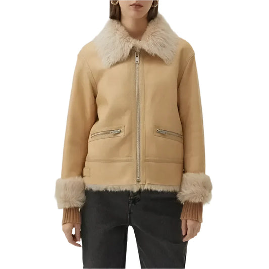 Women's Tan Brown Shearling Bomber Leather Jacket-0