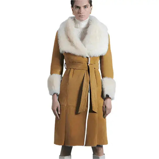 Women’s Tan Brown Suede Shearling Leather Coat