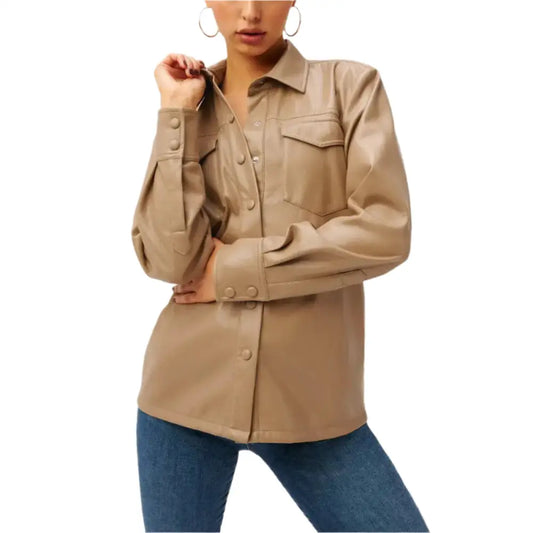 Women's Utility Faux Leather Button-Up Shirt – Warm Caramel