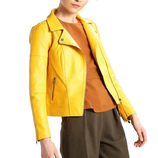 Women's Yellow Slim Fit Motorcycle Leather Jacket